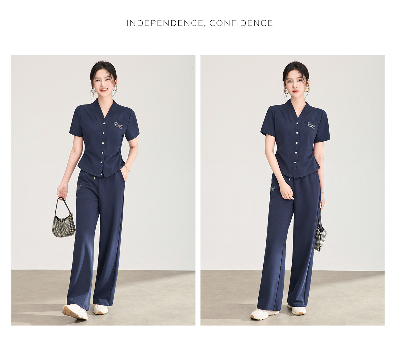 Bộ thể thao nữ mùa hè áo thun cổ tròn tay ngắn + quần ống rộng cao cấp — màu xanh navy chi tiết 13