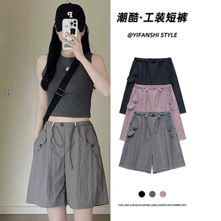 灰色工装短裤女夏季薄款高腰休闲阔腿设计感速干运动美式五分裤女