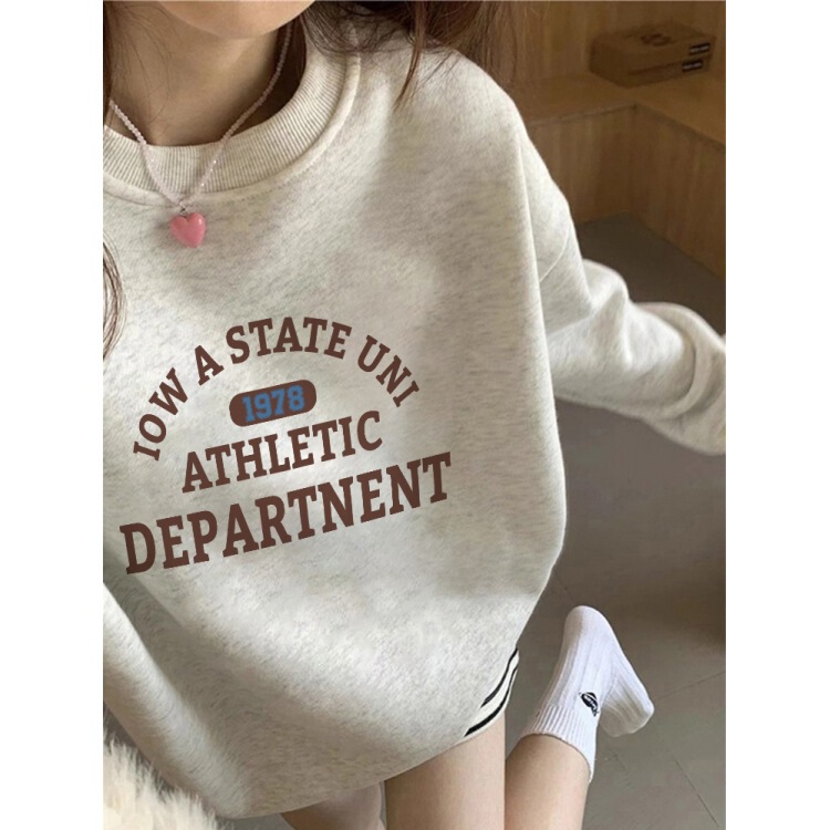 Round Neck White Gray Long-Sleeved Hooded Sweatshirt for Women 2025 New Hot Style Autumn and Winter Letter Printed Top Jacket Trendy