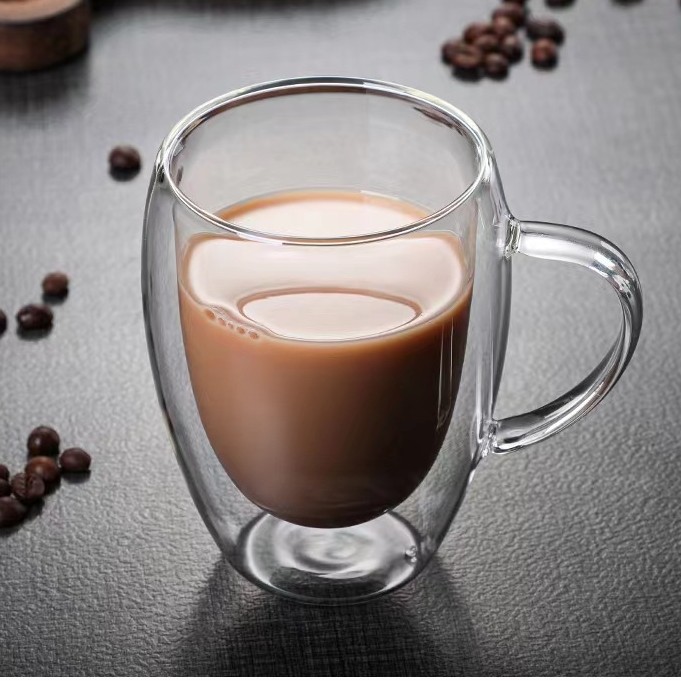 Taza de mango de vidrio doble transparente para el hogar Taza de té de flores resistente al calor creativa Taza de café de jugo de leche de vidrio doble con aislamiento térmico