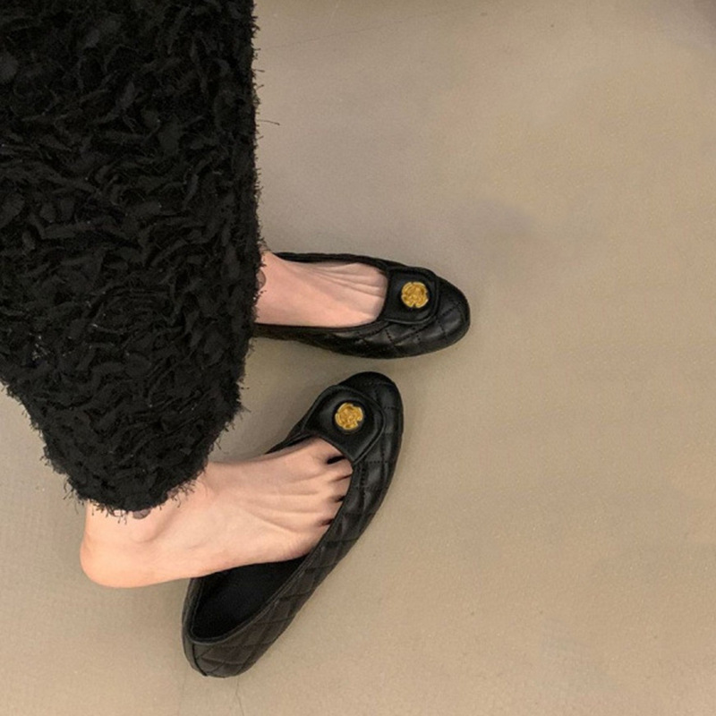 Genuine Leather Black Flat Shallow Round-Toe Mary Jane Shoes, French Style Chanel-Inspired Single Shoes for Women, Autumn Loafers, Casual Women's Shoes