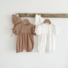 2024夏季短袖婴幼儿童连身衣简约纯色女宝宝包屁衣连体短爬服送帽