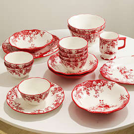 BN感陶瓷餐具套装新婚礼物红色碗碟套装家用饭碗盘子结婚送新