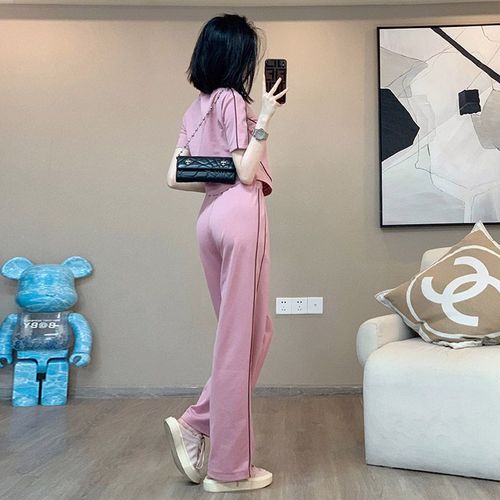 Design-inspired casual sports set for women, summer, high-waisted zipper short-sleeve wide-leg pants, two-piece set, trendy