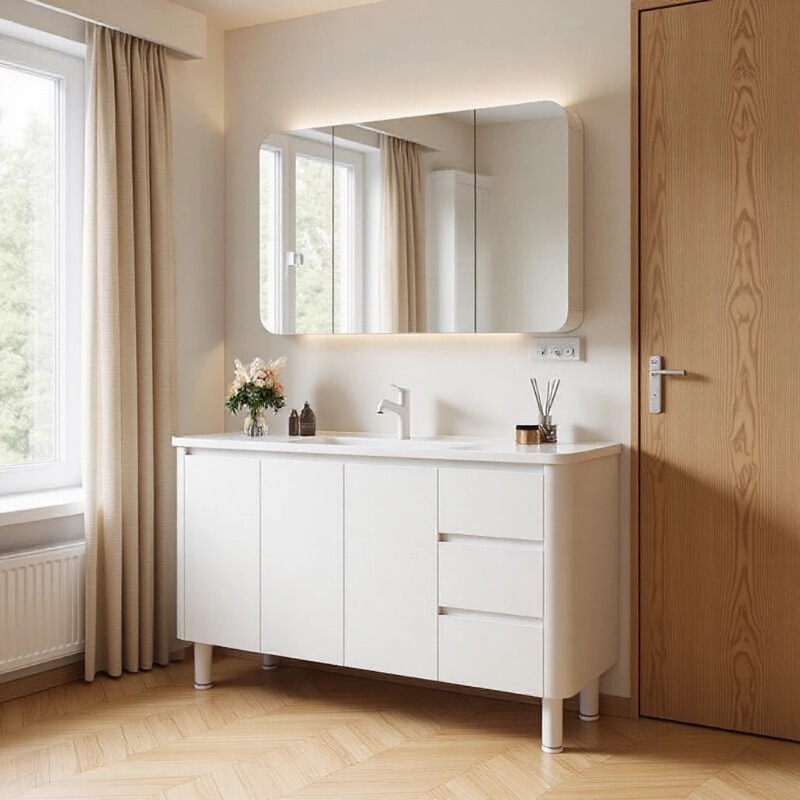 Floor-Standing Rounded Corner Ceramic Integrated Basin Set Washbasin Countertop Basin Cabinet Bathroom Vanity Bathroom Cabinet