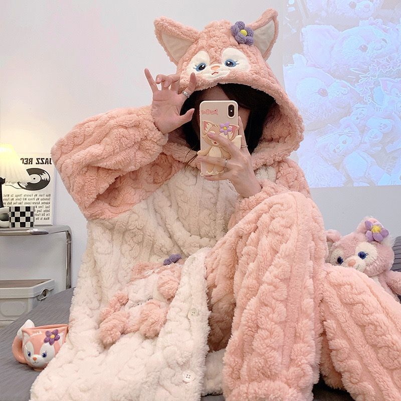 Pijamas de lana de coral para mujer de invierno de manga larga 2024 nueva franela engrosada y cálida primavera y otoño traje de servicio a domicilio