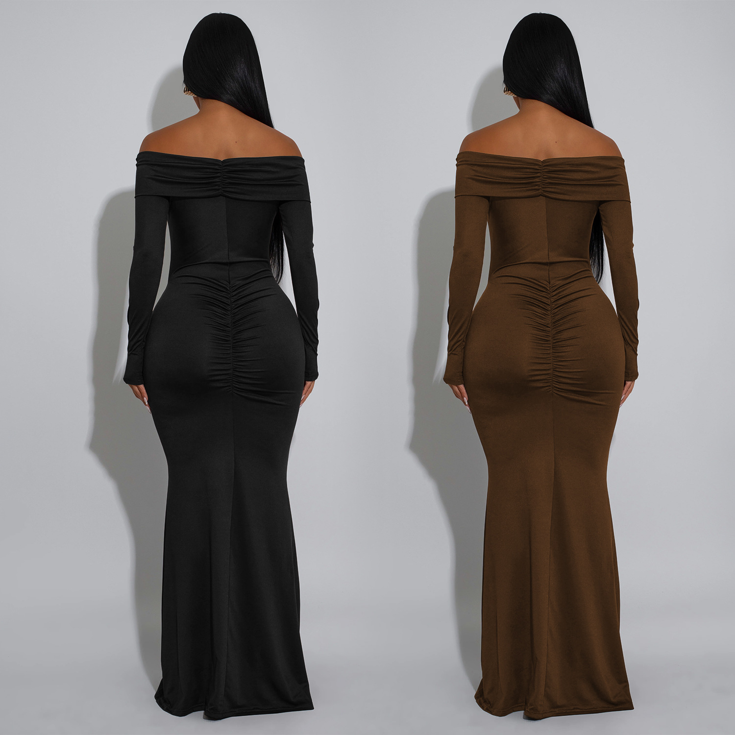 C7559 Aliexpress transfronterizo amazon ropa de moda europea y americana de hombro larga manga hebilla de metal vestido de cola de pez image 3