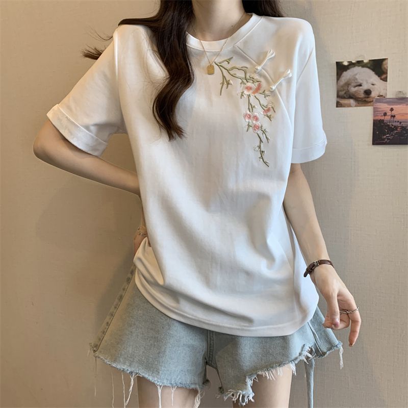 新中式国风桃花刺绣短袖T恤女2025夏季新款宽松显瘦胖mm大码上衣|undefined