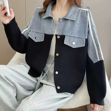 撞色polo领牛仔拼接开衫毛衣女秋冬新款韩版宽松复古休闲针织外套
