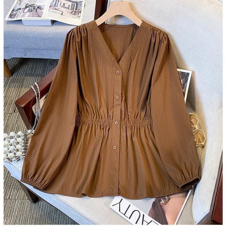 Plus-size women's spring and autumn tops, new design long-sleeved shirts for women, 2026 slimming, waist-cinching, age-reducing, loose-fitting tops for women