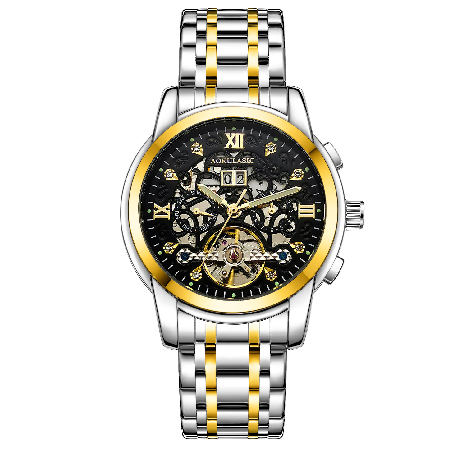 AOKULASIC/ogulas hombres rhinestone reloj mecánico automático hueco doble calendario multifuncional reloj de correa de acero