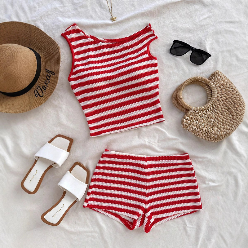 Ruihu Cross-Border Export European and American Striped Vest Shorts Set 2025 Summer Knitted Hot Pants Top Two-Piece Set