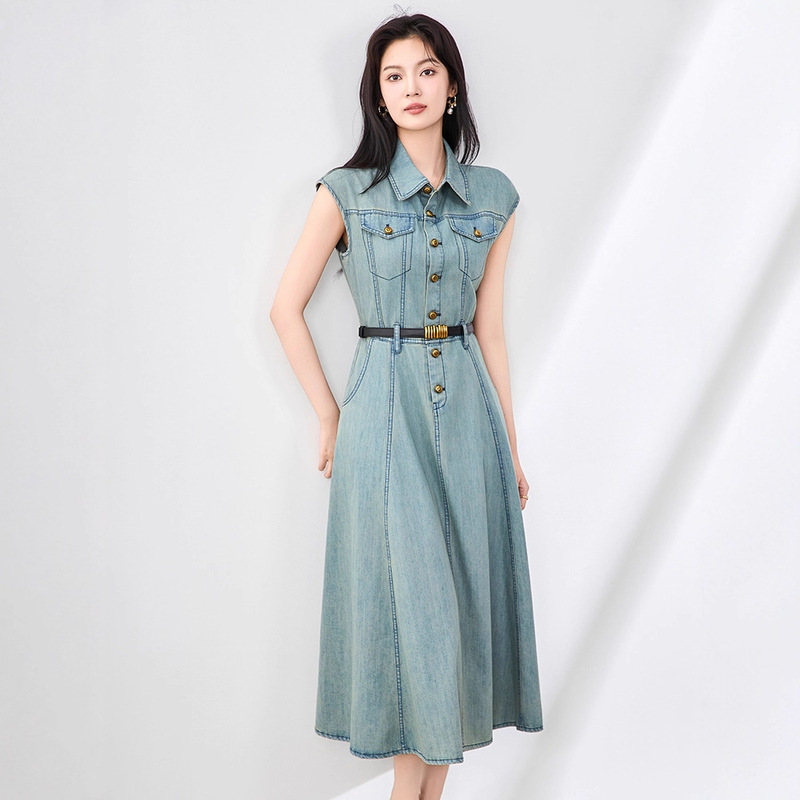 2507904-Guangzhou Style Retro Nostalgic Denim Dress Sleeveless Waist Large Hem French Long Skirt Nanyou Women's New Clothing
