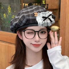 帽子女秋冬复古格纹贝雷帽英伦氛围感百搭画家帽甜美蝴蝶结八角帽