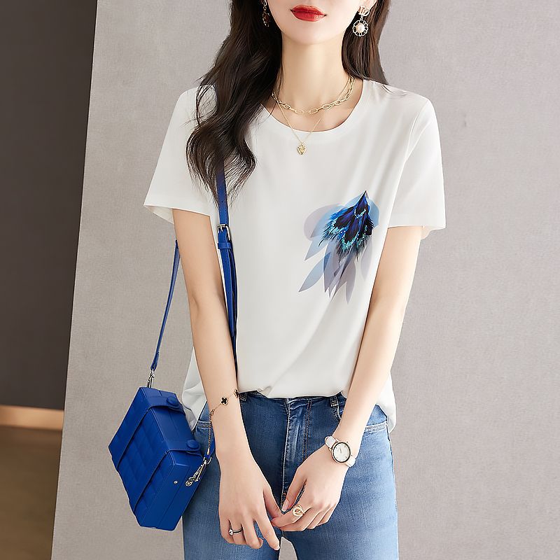 AB impreso de manga corta de verano impreso camiseta de las mujeres blancas de reducción de edad elegante adelgazar superior de secado rápido todo partido redondo image 16