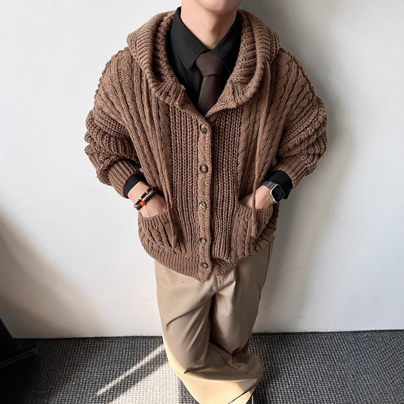 重磅麻花针织开衫男秋季美式复古连帽毛衣潮牌慵懒风纽扣情侣外套
