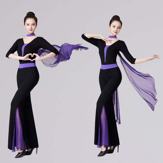 Modal Autumn and Winter Purple Deep V Color-matching Body Clothes Dance Clothes Show Model Ballet Practice Training Etiquette