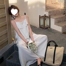 冷淡风荷叶边白色吊带背心夏季睡衣女宽松休闲阔腿裤感两件套