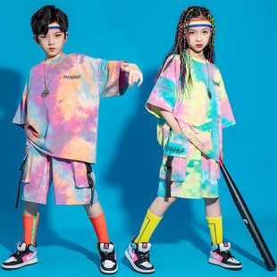 Children's Street Dance Suit Boys' Summer Tie-Dye Hip-Hop Performance Trendy Suit Girls' Jazz Dance Suit Children's Catwalk Trendy Suit