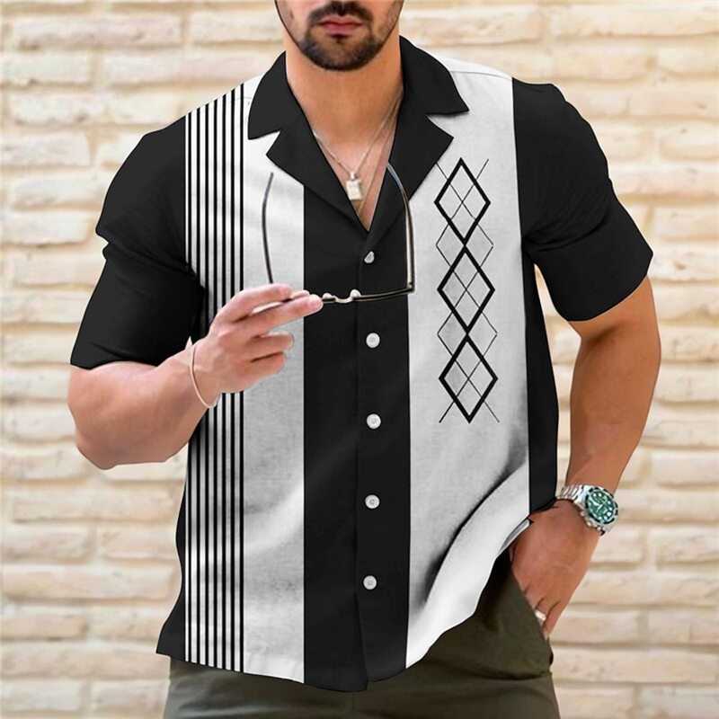 Cross-Border E-Commerce Summer Men's Short-Sleeved Hawaiian Shirt with Fashionable Striped Pattern 3D Digital Printing Lapel Cardigan