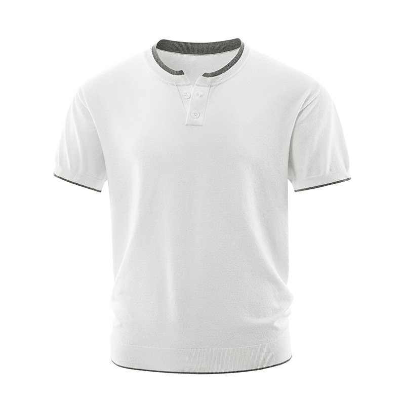 ZH8102-DK男女同款潮牌拼接时尚通勤假两件亨利领针织短袖T恤，男装针织衫/毛衣，星座614