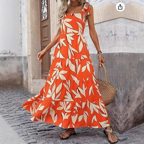 Amazon 2025 Summer Cross-Border European and American Popular Elegant Spaghetti Strap Casual Swing Floral Print Dress