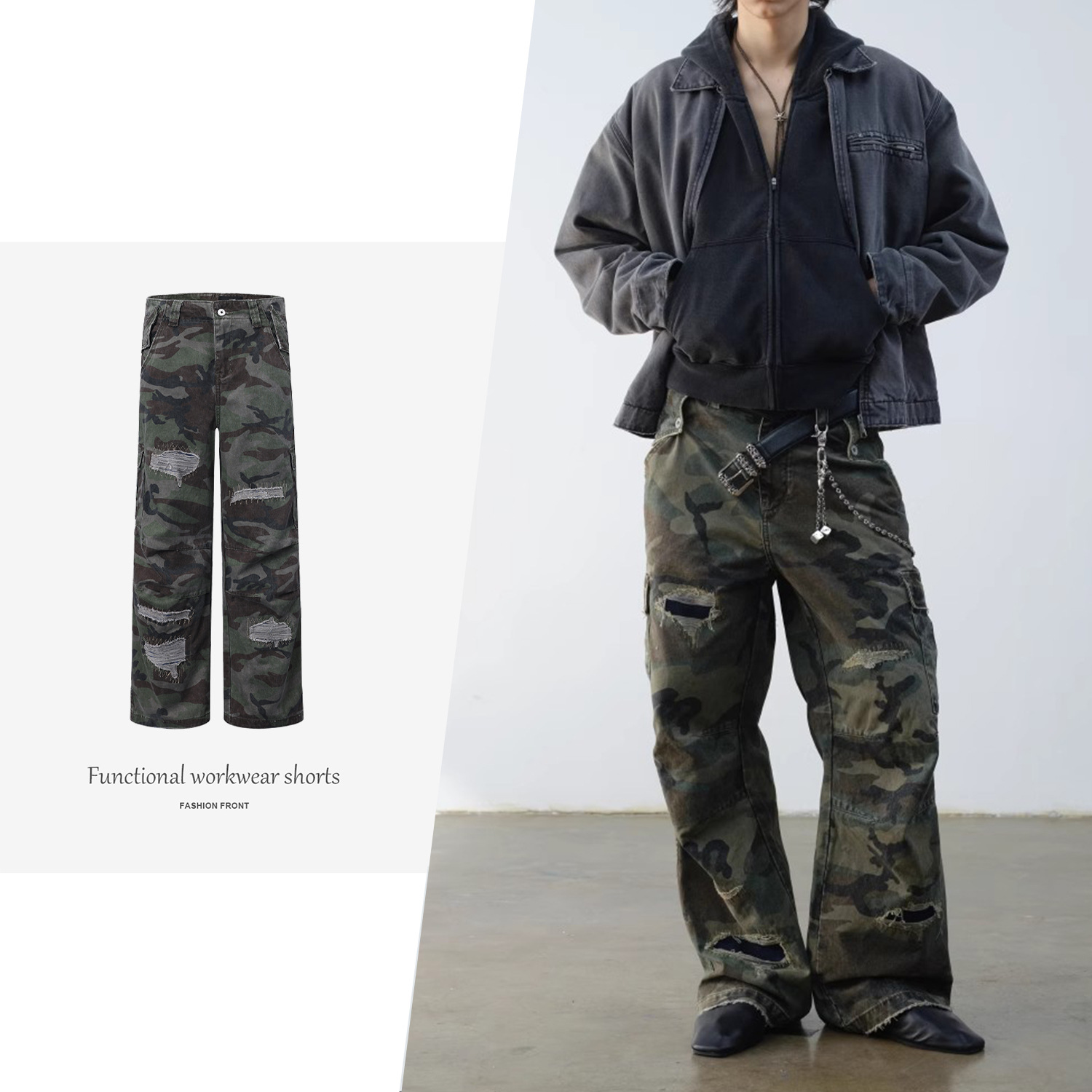 【CSMY】VLABMADE軍事綠迷彩破壞貼布寬鬆工裝褲Cargo Pants