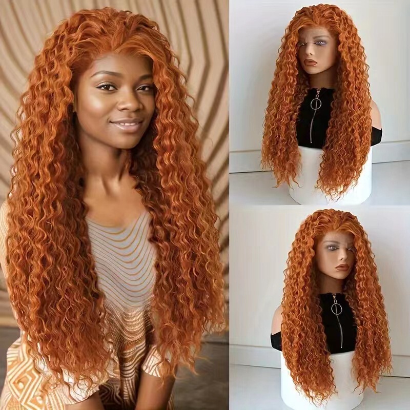 Amazon hot sale Orange black African small curly front lace wig chemical fiber full head cover factory in stock wholesale
