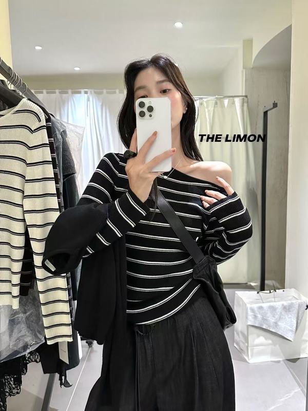 韩版时尚简约条纹斜肩长袖T恤女2025秋新款宽松休闲百搭通勤上衣|undefined