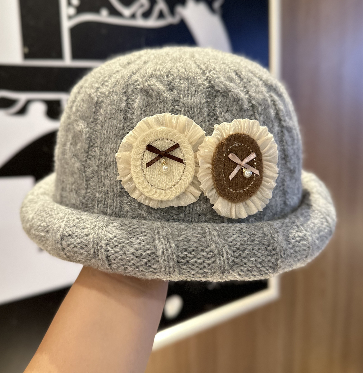 Gorro Sombrero Tejido de Lana Cálido con Moño de Poliéster para Invierno image 9