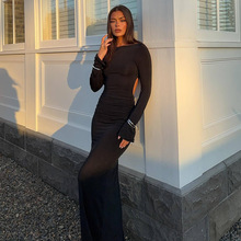 跨境热销欧美新款性感镂空修身时尚纯色气质长款百搭露背连衣裙女