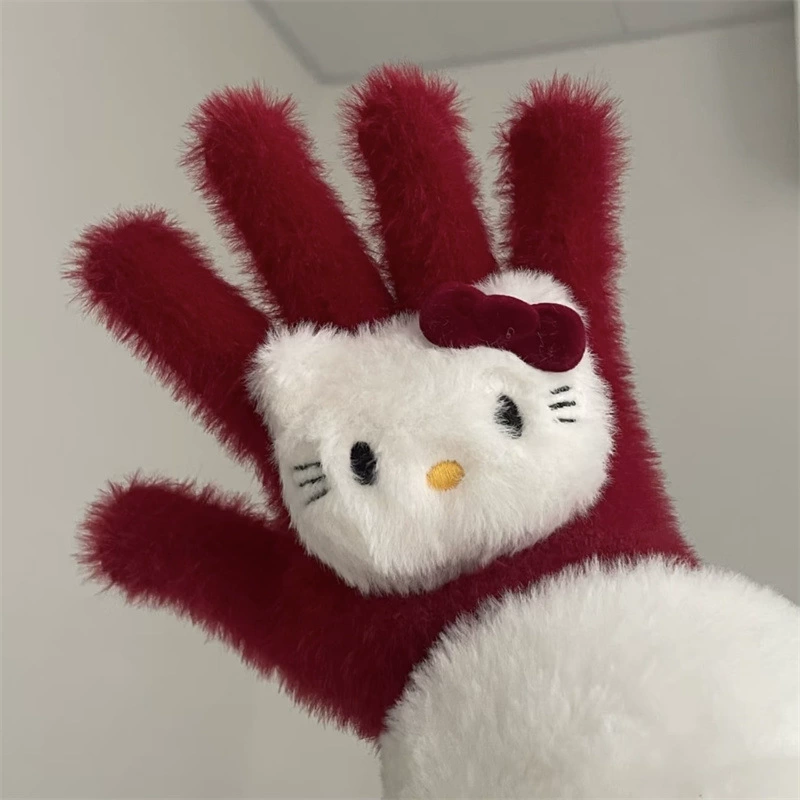 Зимние перчатки (Hello Kitty), искусственный кроличий мех, рождественский уютный красный, сенсорное управление