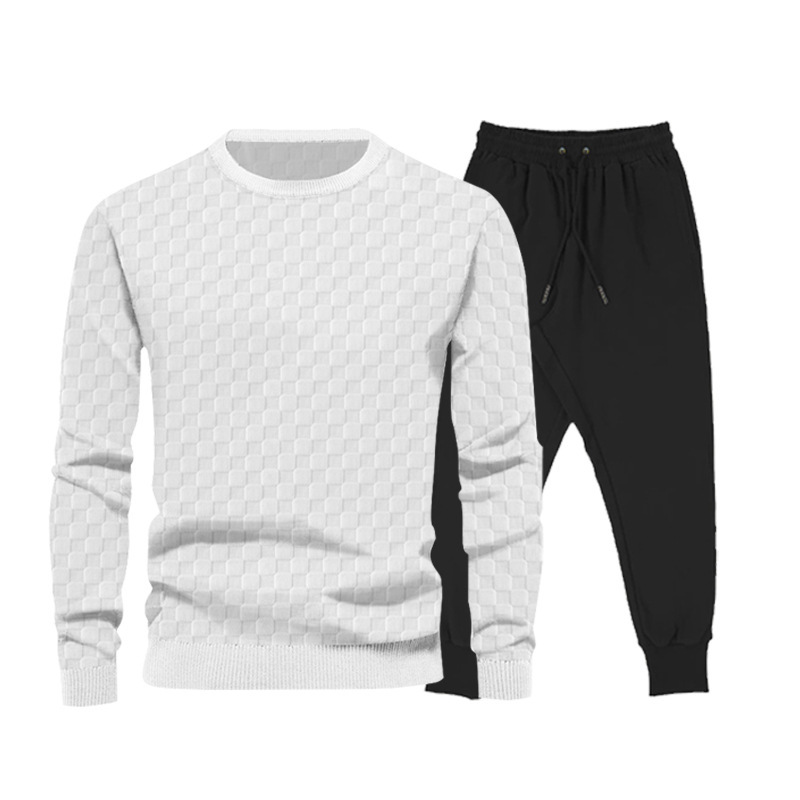 751g Weight Long Sleeve Sleeve Length Cotton Blend, Polyester Fabric Type Pants Sets Sets Type 2 Pieces Set Quantity Casual Occasion Round Neck Neckline Regular Fit Fit Type Plaid Pattern Winter, Autumn Season Men's Gender Streetwear Style Men's Autumn And Winter Jacquard Checkerboard Long-sleeved Trousers Sets  Men's Clothing 4