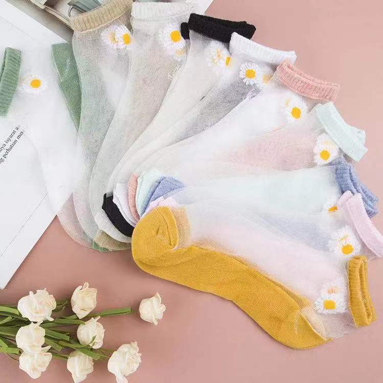 Medias cortas coreanas de margarita para mujeres de verano delgadas calcetines de cristal transpirables, calcetines de barco transparentes invisibles, calcetines de moda para hombres