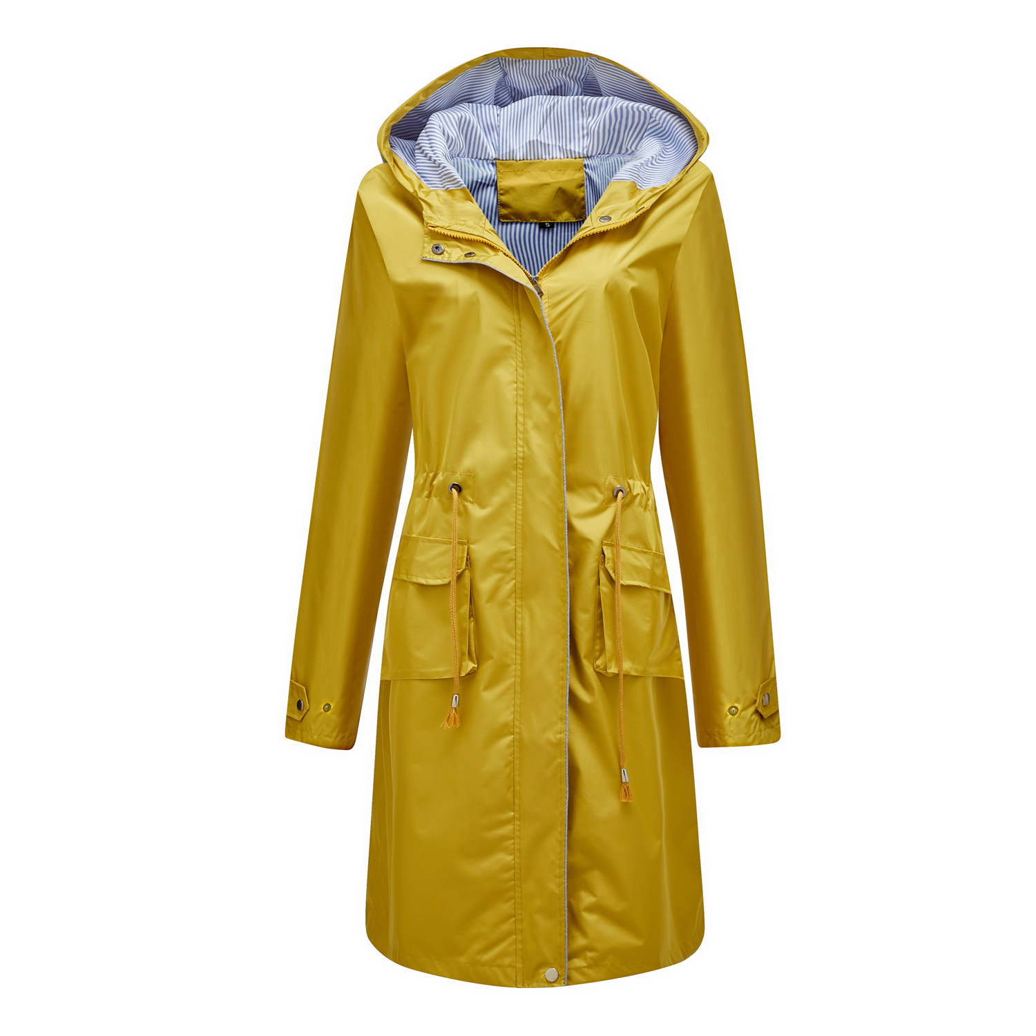 spring and autumn long casual windbreaker women's waterproof hooded solid color top striped lining straight jacket_voghion.com