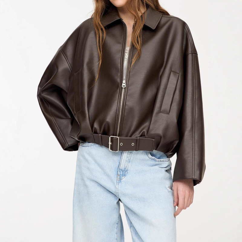 Cross-Border Spring Bomber Jacket Retro Leather Coat Women's Spring Wear Commuting Faux Leather Jacket European and American Foreign Trade Women's Clothing
