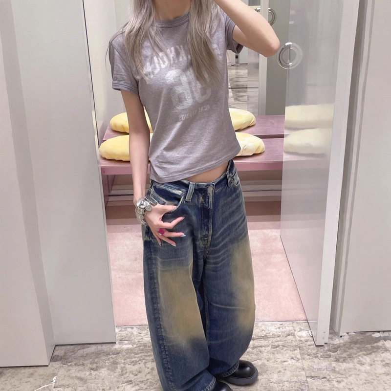 南油25新品复古做旧数字印花渐变修身短袖渐变工艺修身96T恤女|undefined