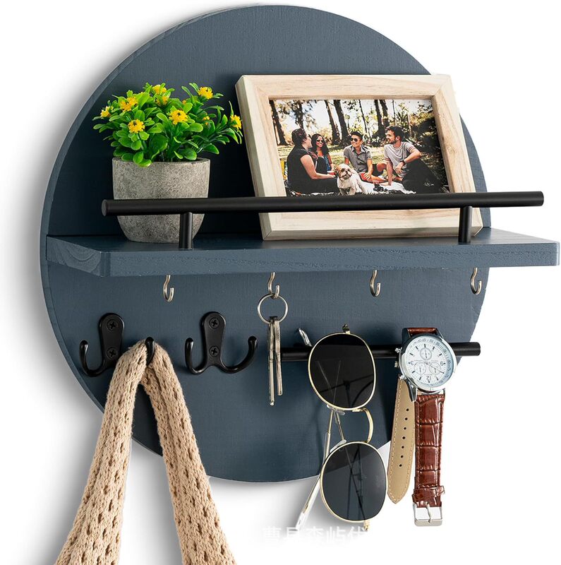 Nordic-style round wall-mounted key storage rack, home entrance storage shelf with hooks, decorative entryway rack