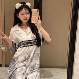 2023春季睡裙女冰雪丝网红同款男友风衬衫裙星夜国风印花家居服