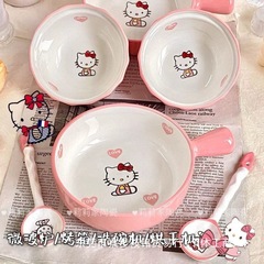 ht猫陶瓷可爱餐具釉下彩一人食宿舍家用碗勺粉色套装泡面碗卡通风