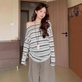 韩系条纹一字领斜肩防晒长袖T恤早秋慵懒感收腰显瘦百搭罩衫上衣