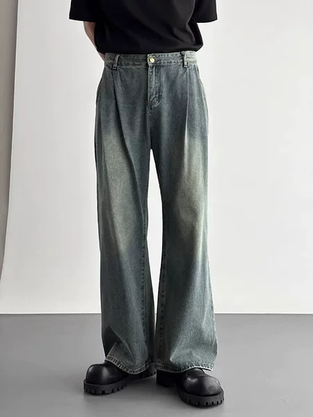 American Style Retro Simple High-grade Pleated Jeans Men's Washed Old Loose Straight Wide Leg Pants