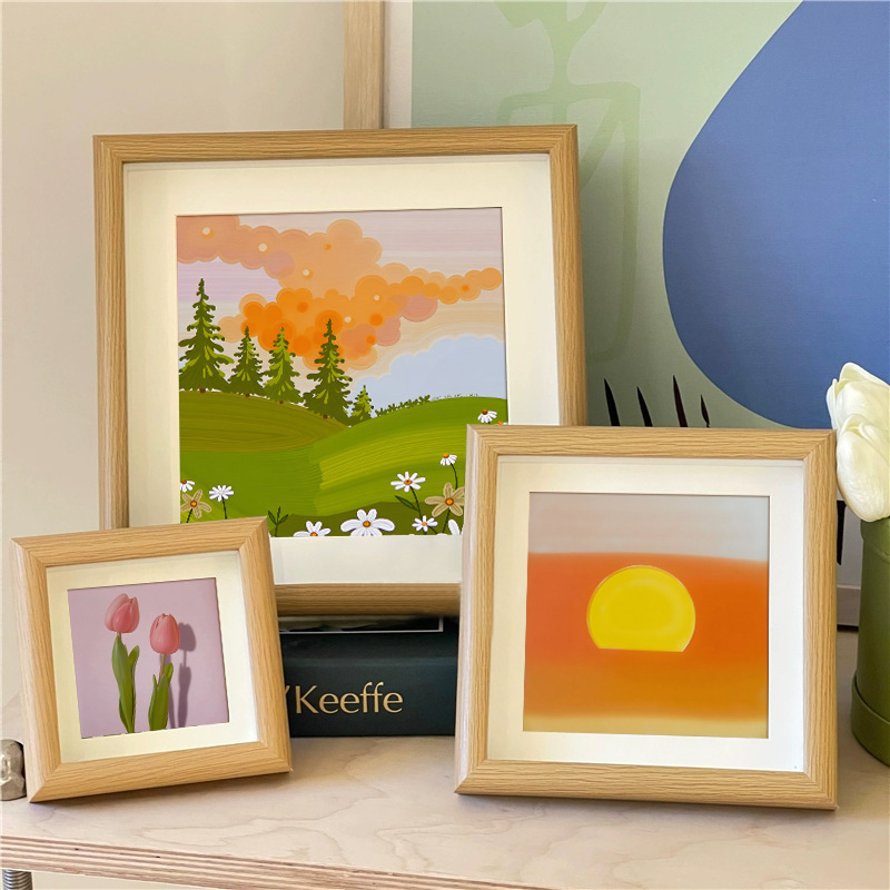 Log-Style Floral Landscape Photo Frame Table Combination Is Suitable for Illustration Photo Display to Create a Fresh and Healing Desktop