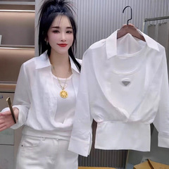 网红2025夏季新款假两件设计长袖衬衫女气质防晒宽松长袖遮肉上衣