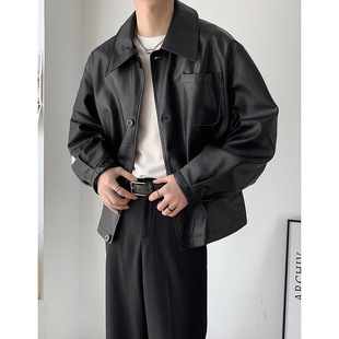 PU leather jacket men's spring and autumn vibe American fashion solid color motorcycle jacket Youth retro lapel top