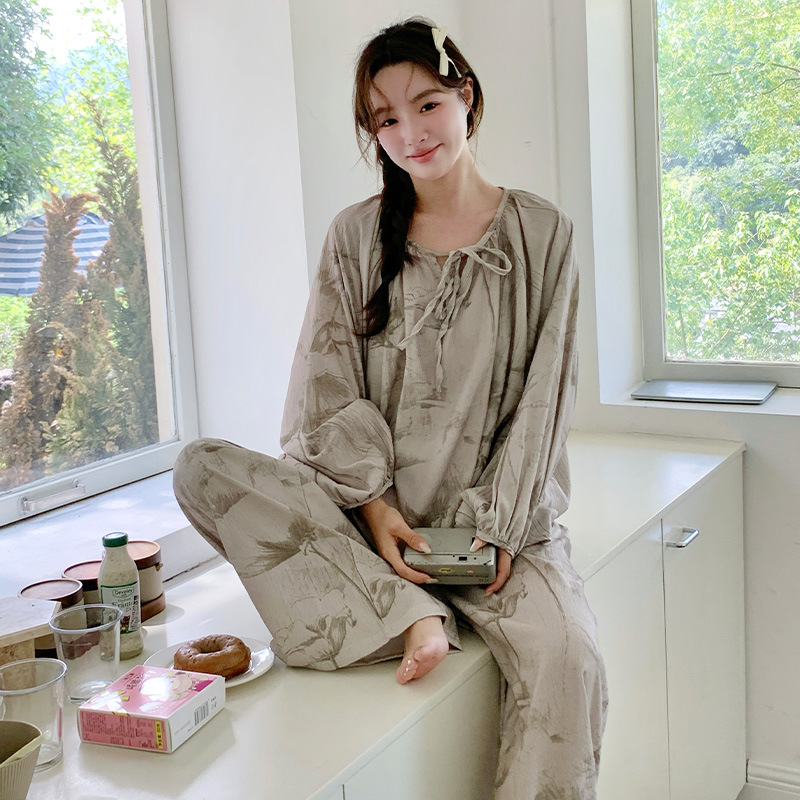 봄 여름 레이스업 클라우드 코튼 여성 잠옷, 홈웨어 투피스 세트, 플라워 아티스틱 라운드넥, 투피스 긴팔 바지