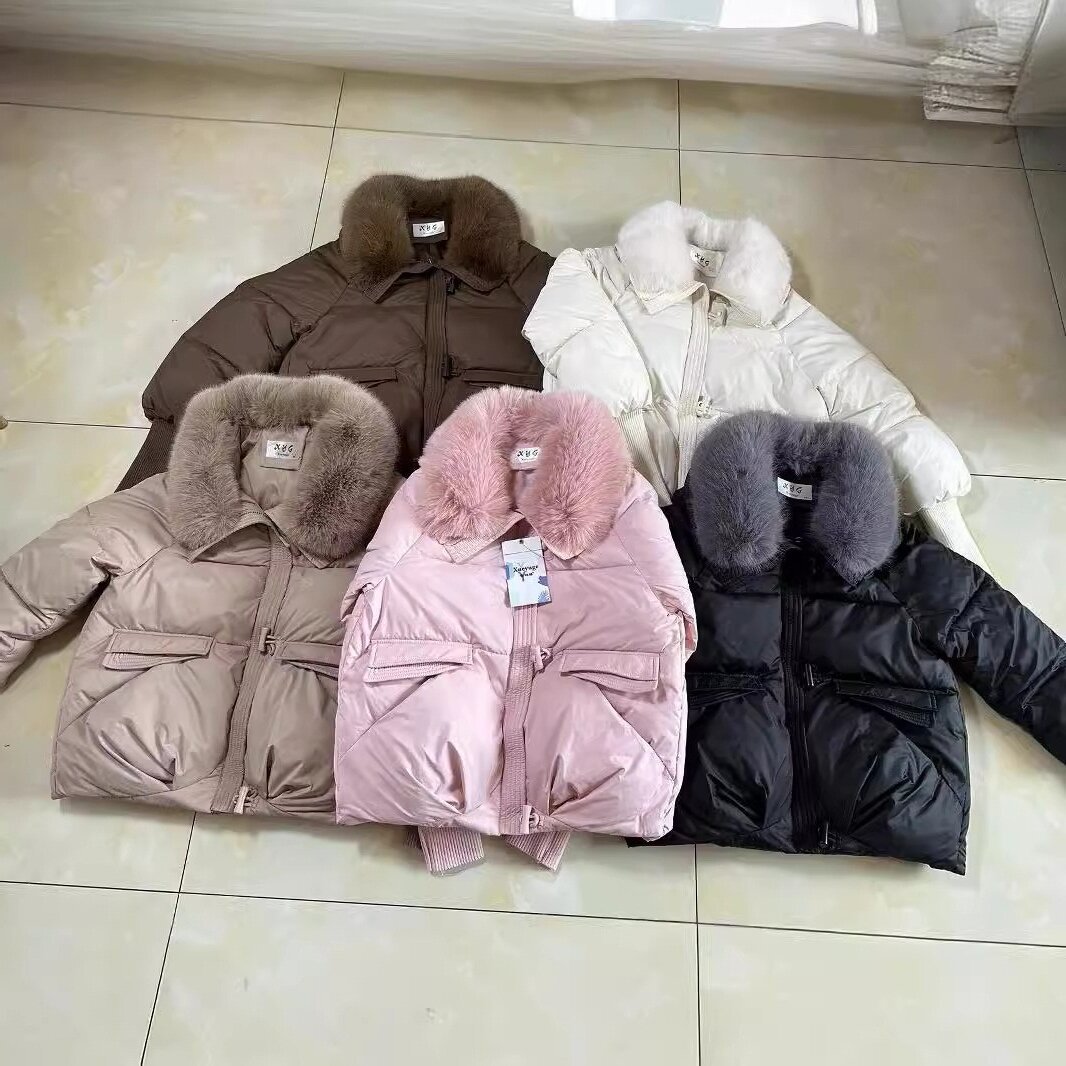 Europa estación corta plumón de algodón mujer 2025 nuevo invierno gran cuello con solapa de moda de algodón chaqueta pequeña
