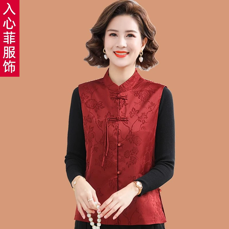 2025 Новый китайский стиль жилетки топ среднего и пожилого возраста женский китайский стиль с пряжкой на плечо красный жилет