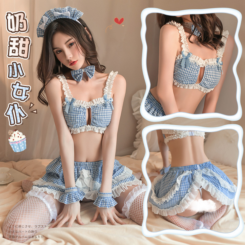 Fresh Blue Plaid Sweetheart Maid suit Lingerie Sexy Cosplay Maid Uniform Temptation Women's Supplies Fresh Blue Plaid Sweetheart Maid suit Lingerie Sexy Cosplay Maid Uniform Temptation Women's Supplies