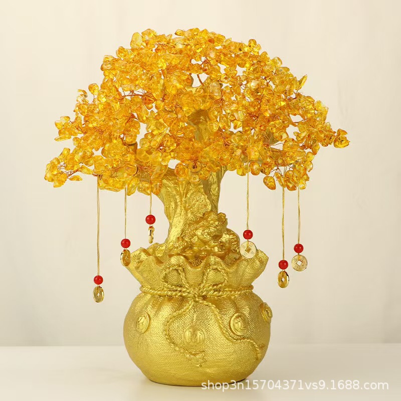 Yellow Crystal Money Tree Fortune Tree Ornament Crystal Ornament Money-Attracting Tree Crystal Tree Home Living Room Opening Gift